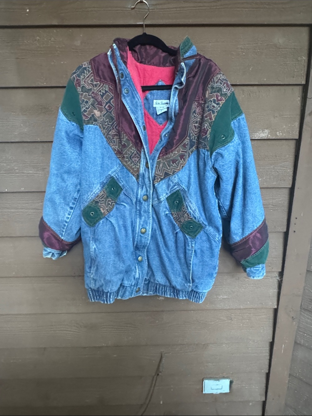 Vintage Two Twenty Blue Denim Coat Green & Burgundy Satin Aztec details size M